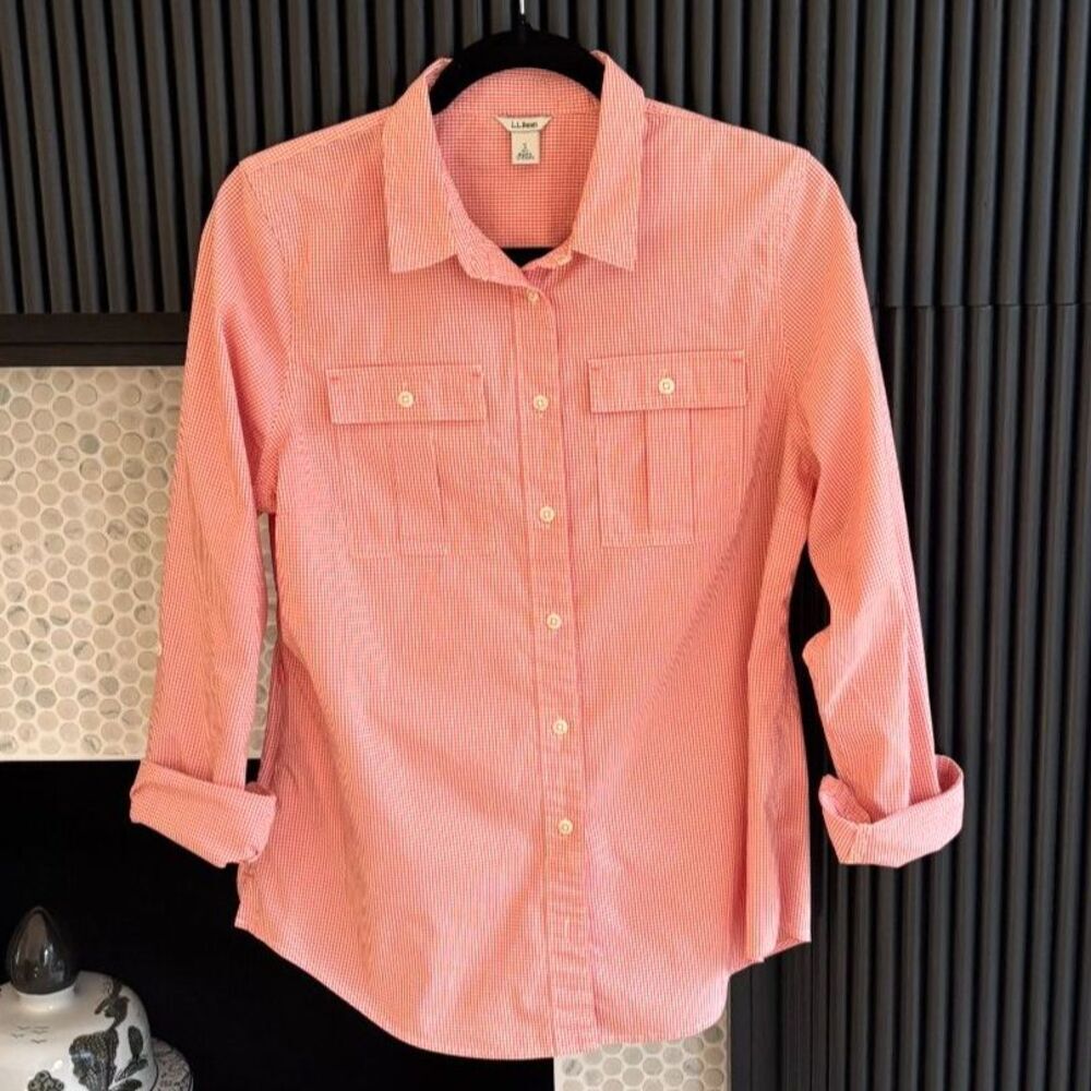 L.L. Bean Lakeside Performance Shirt Womens Small Orange Gingham Roll Tab LS